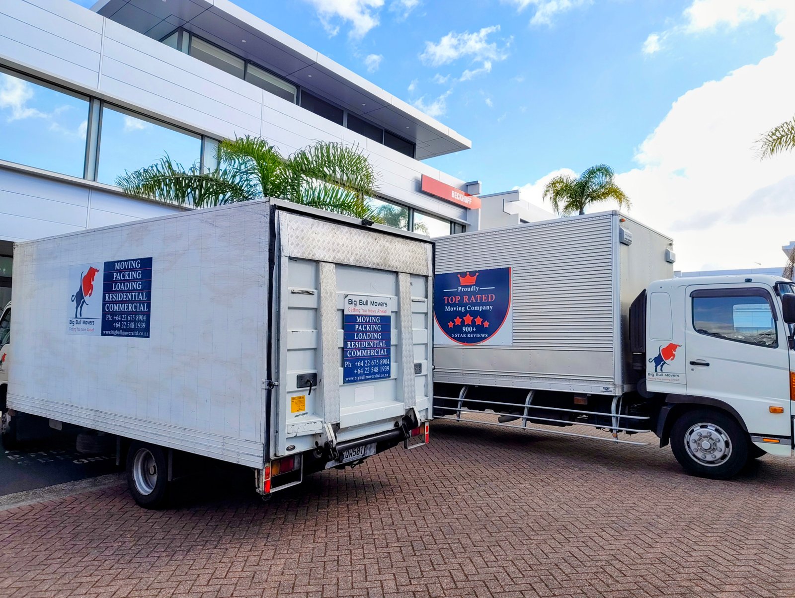 Two Big Bull Movers trucks outside a commercial building during an Auckland business relocation